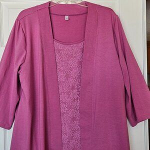 Plus Size Pink Lace Cardigan Top w/ Attached Tank – 2XL